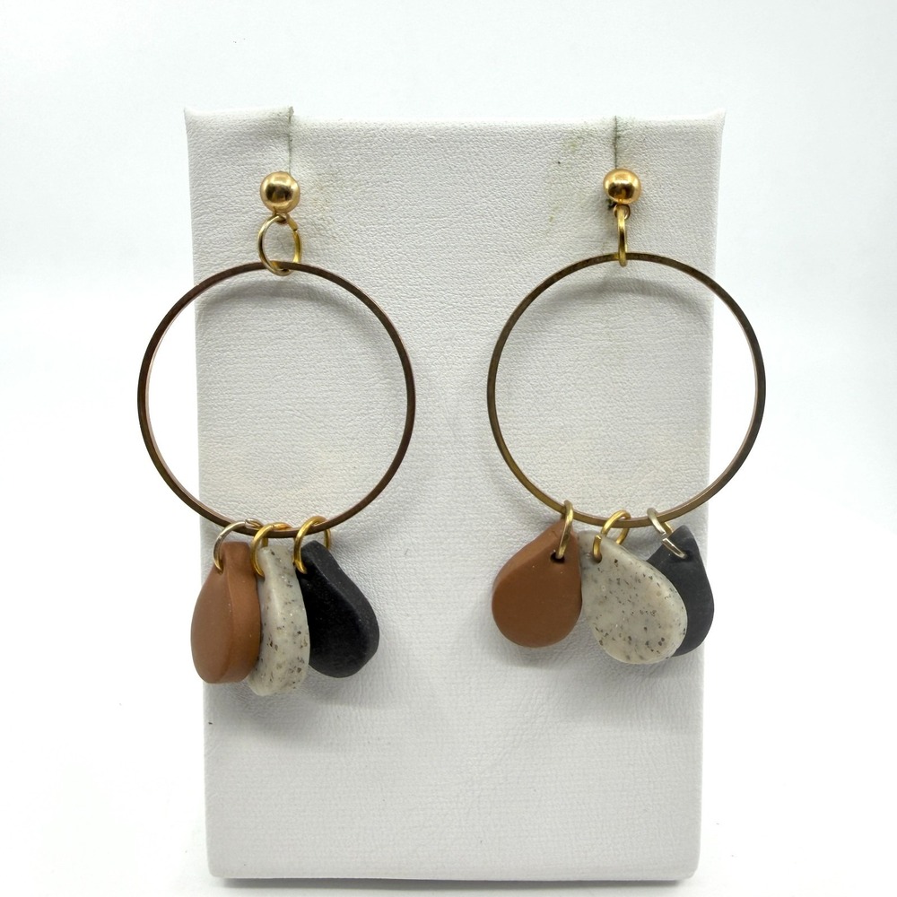 Minimalist Boho Hoop Drop Earrings Earth Tone Teardrop Charms Gold Tone Jewelry